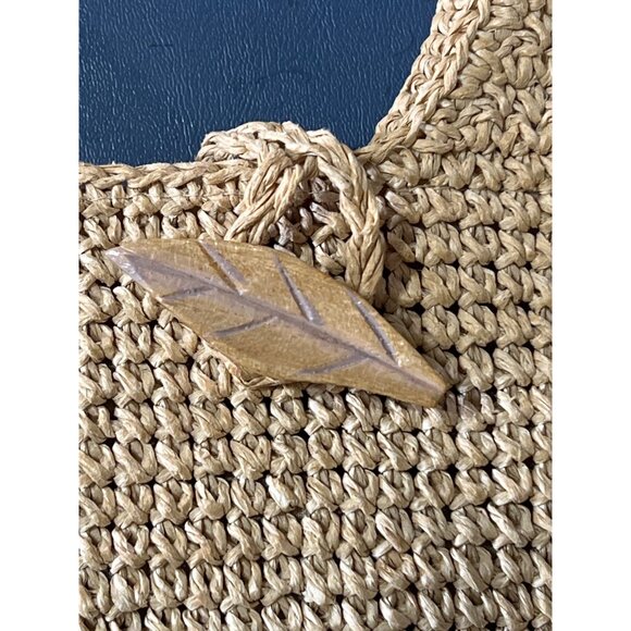 Straw Shoulder Bag Floral Embroidery & Leaf Button Closure Boho Beach Lagenlook - Picture 2 of 9